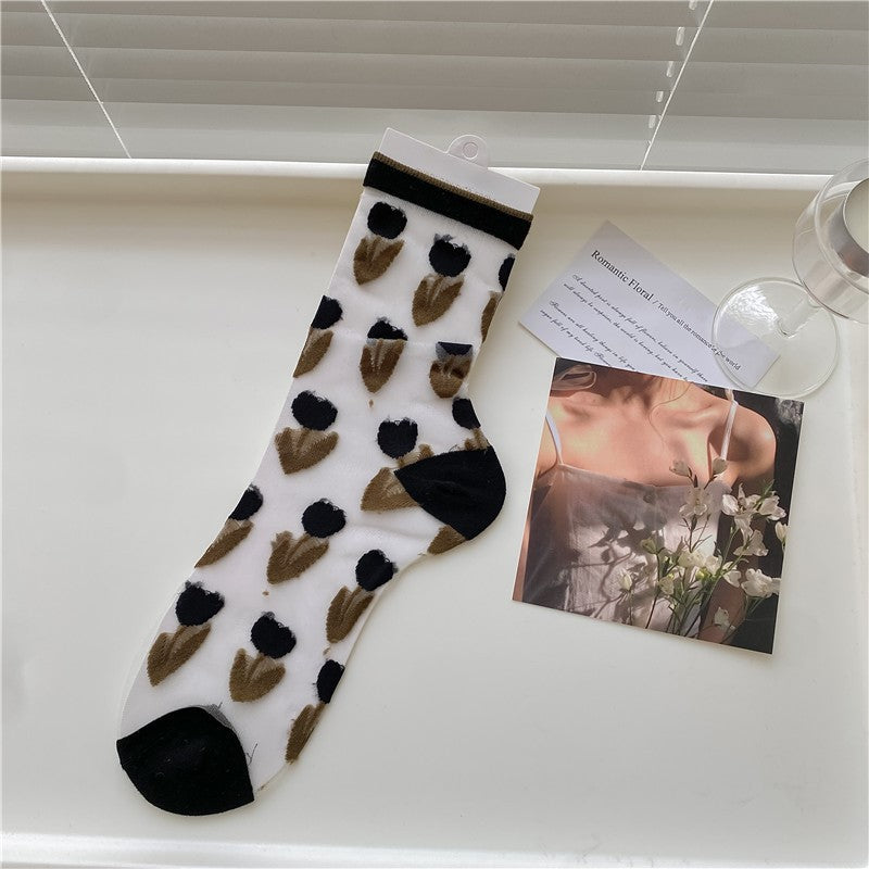 Sheer Mesh Tulip Print Crew Socks - Flowers