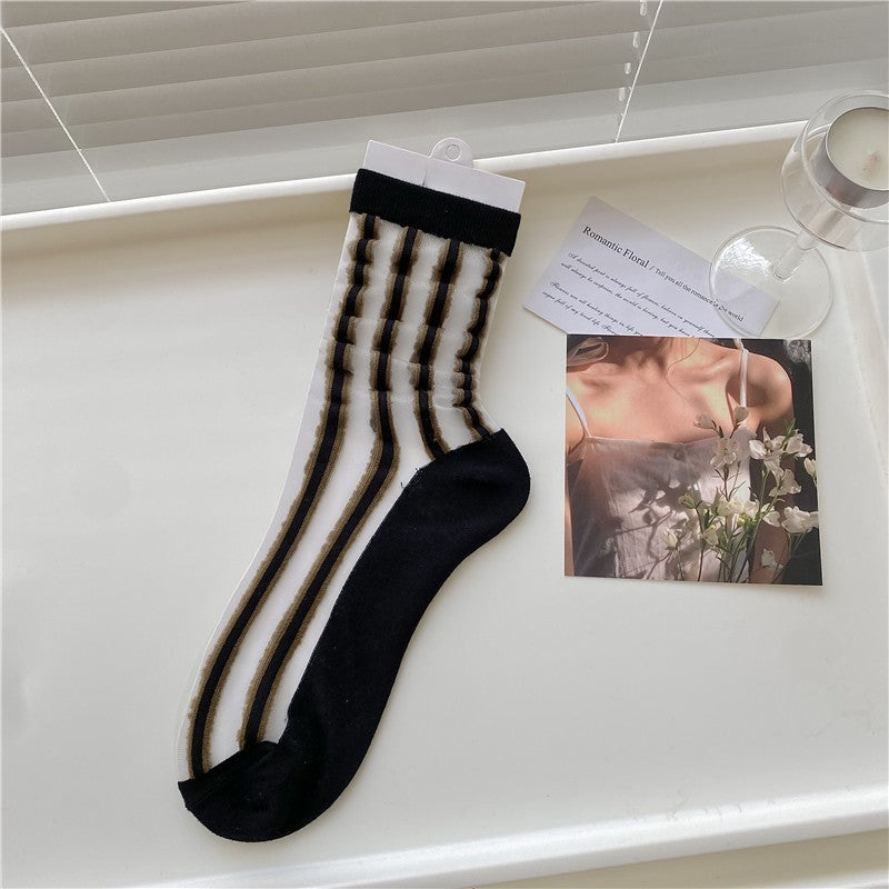 Sheer Mesh Tulip Print Crew Socks - Vertical