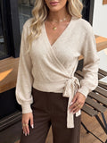 Wrap Front Tie Waist Knit Sweater - Apricot