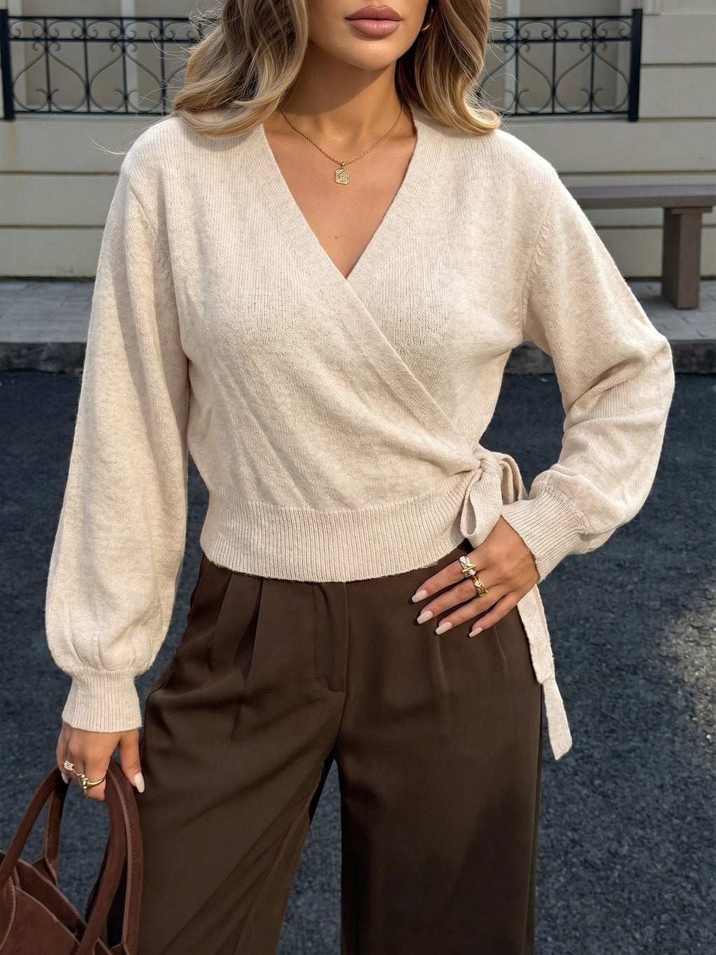Wrap Front Tie Waist Knit Sweater - Apricot - 1