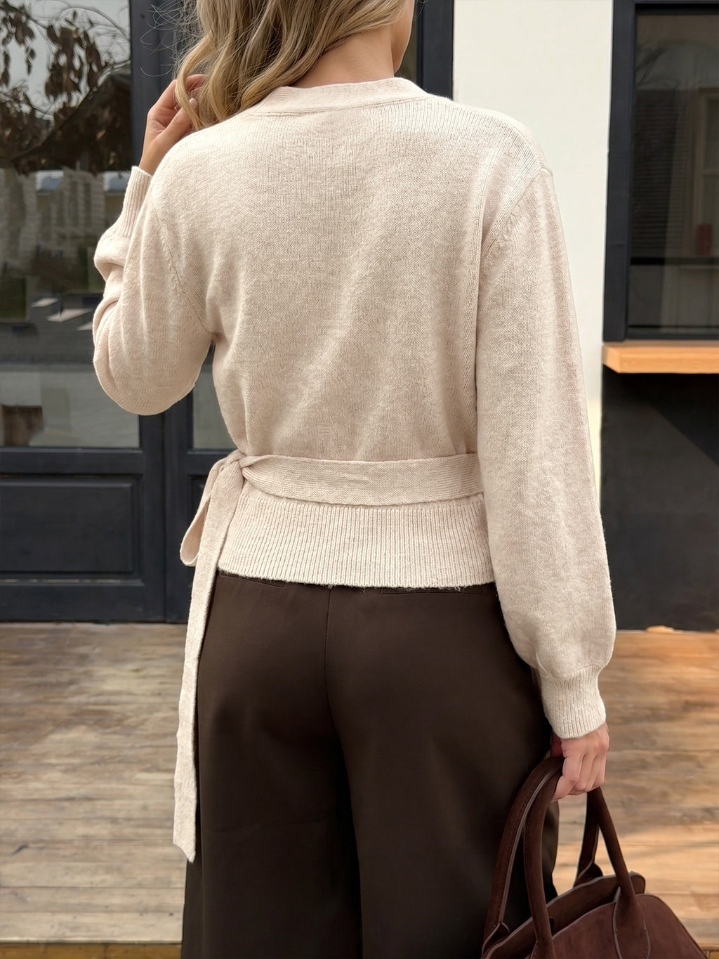 Wrap Front Tie Waist Knit Sweater - Apricot - 5