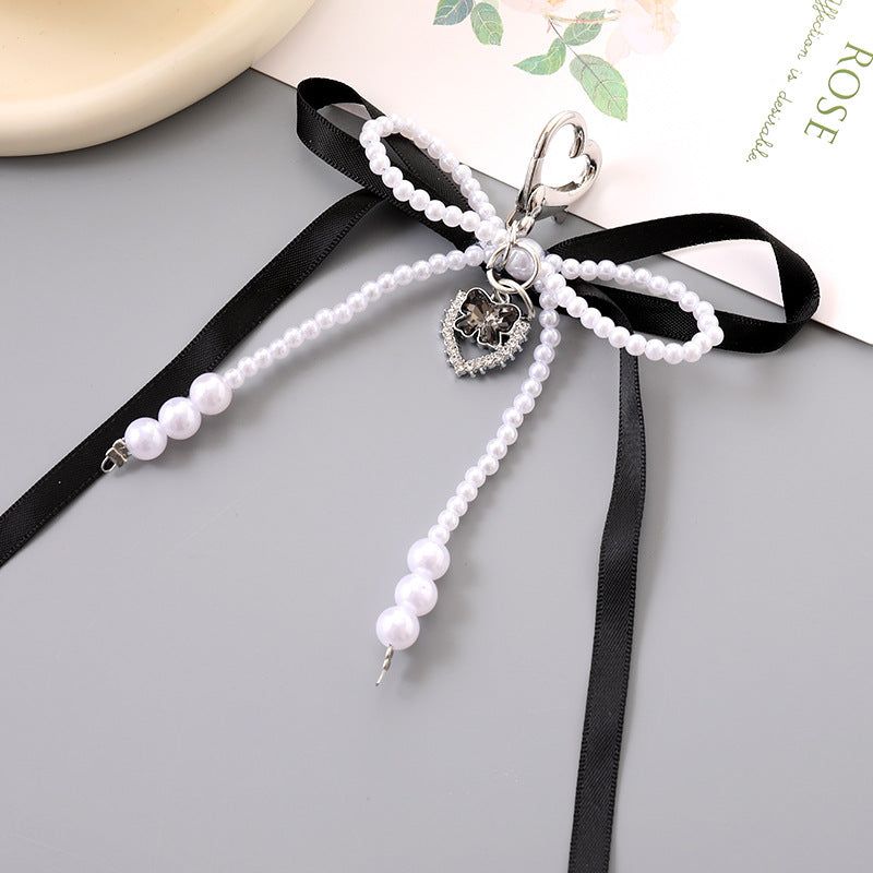 Double Bow Pearl Heart Charm Keychain - Black