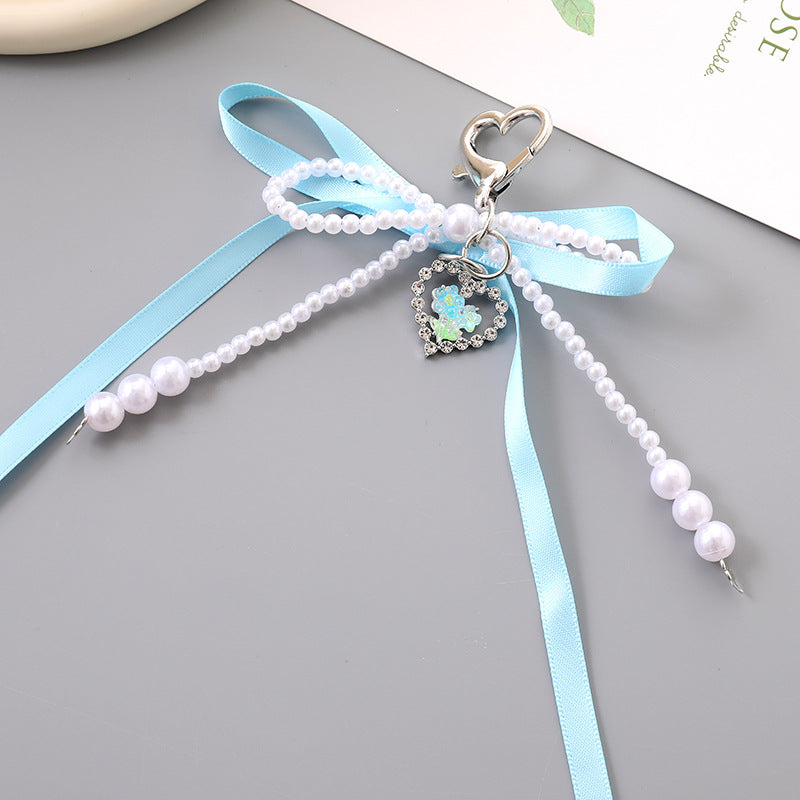 Double Bow Pearl Heart Charm Keychain - Blue