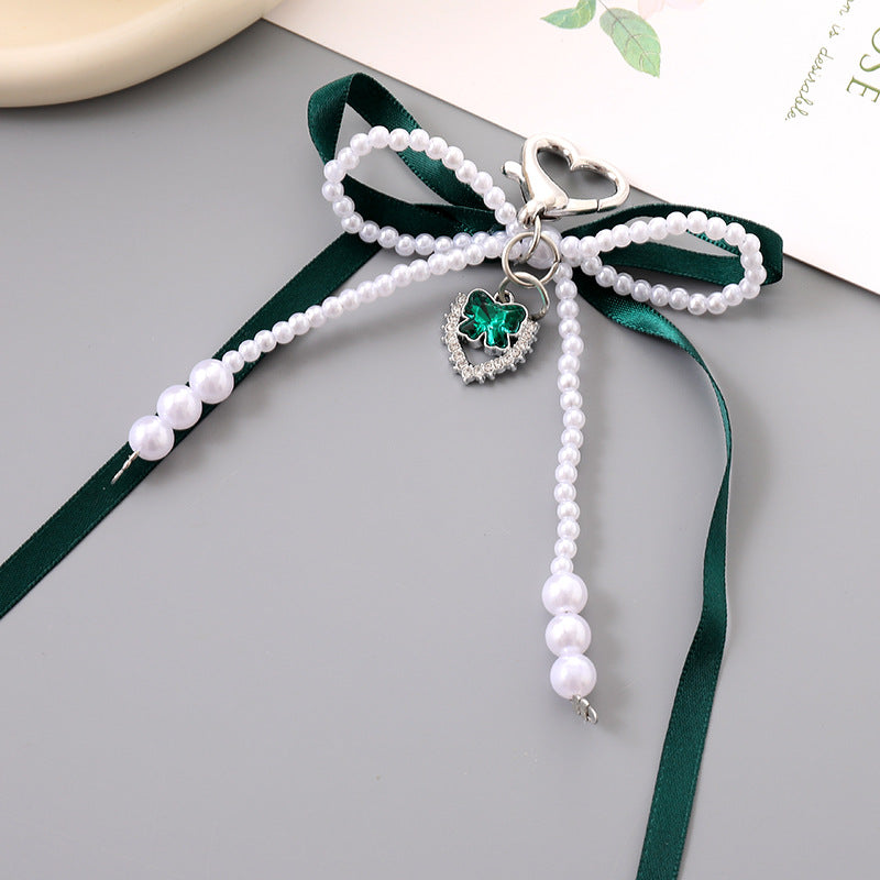 Double Bow Pearl Heart Charm Keychain - Green