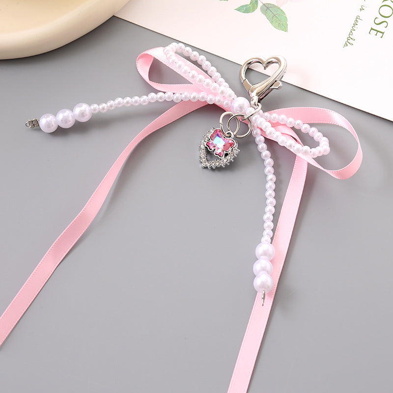 Double Bow Pearl Heart Charm Keychain - Pink