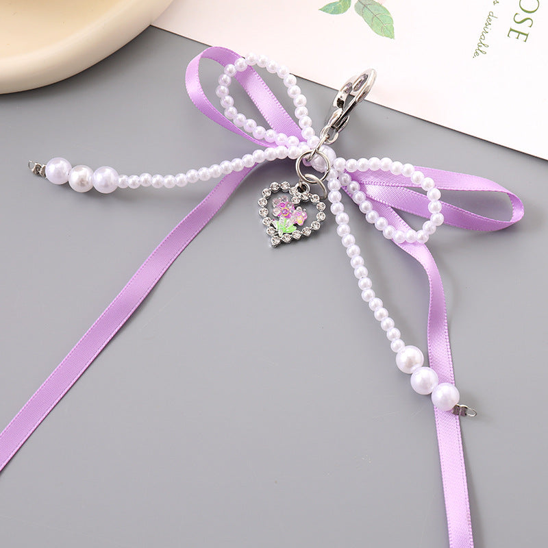 Double Bow Pearl Heart Charm Keychain - Purple