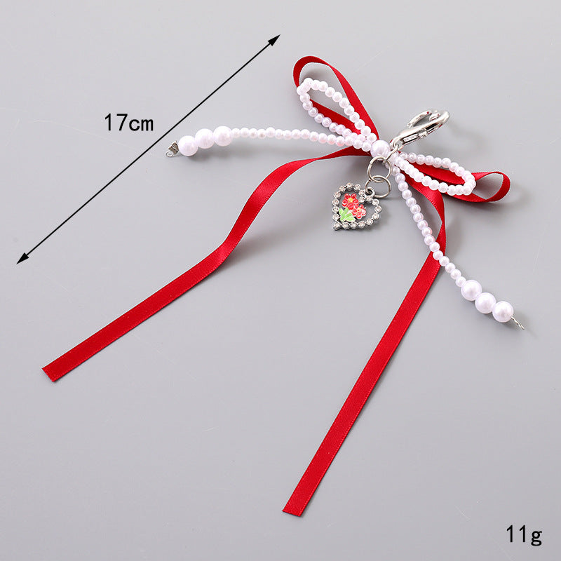 Double Bow Pearl Heart Charm Keychain - Red