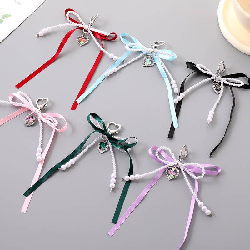 Double Bow Pearl Heart Charm Keychain