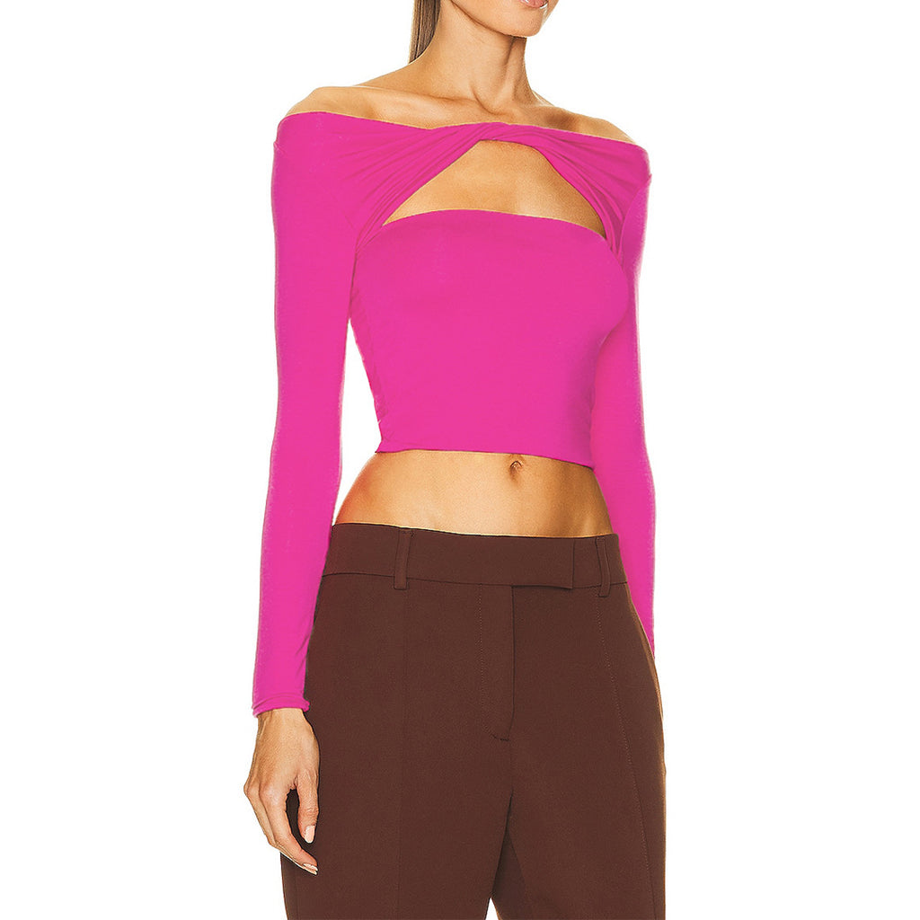 Off Shoulder Twist Cut Out Crop Top - Hot_pink - 1