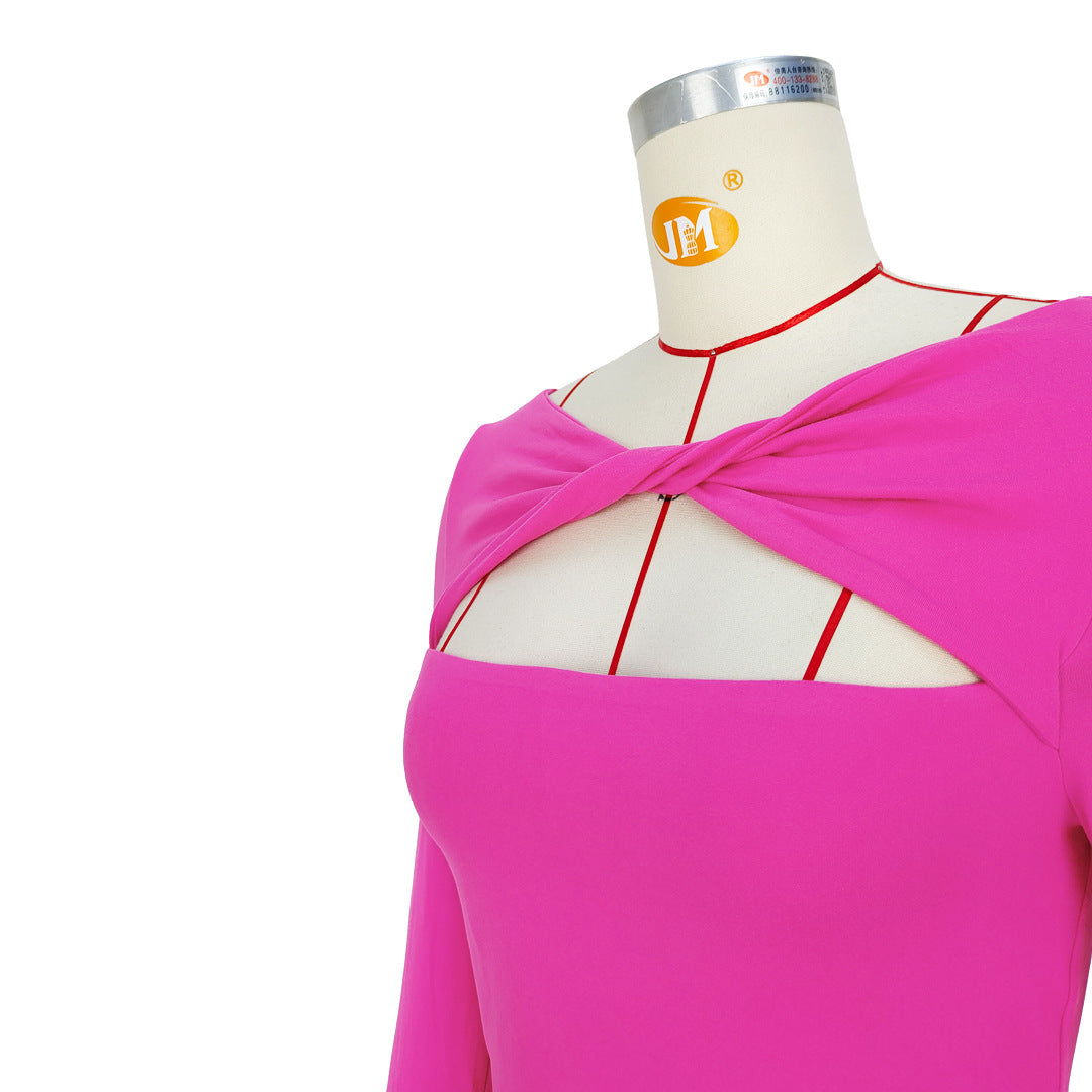 Off Shoulder Twist Cut Out Crop Top - Hot_pink - 2