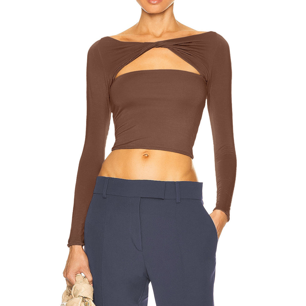 Off Shoulder Twist Cut Out Crop Top - brown - 1