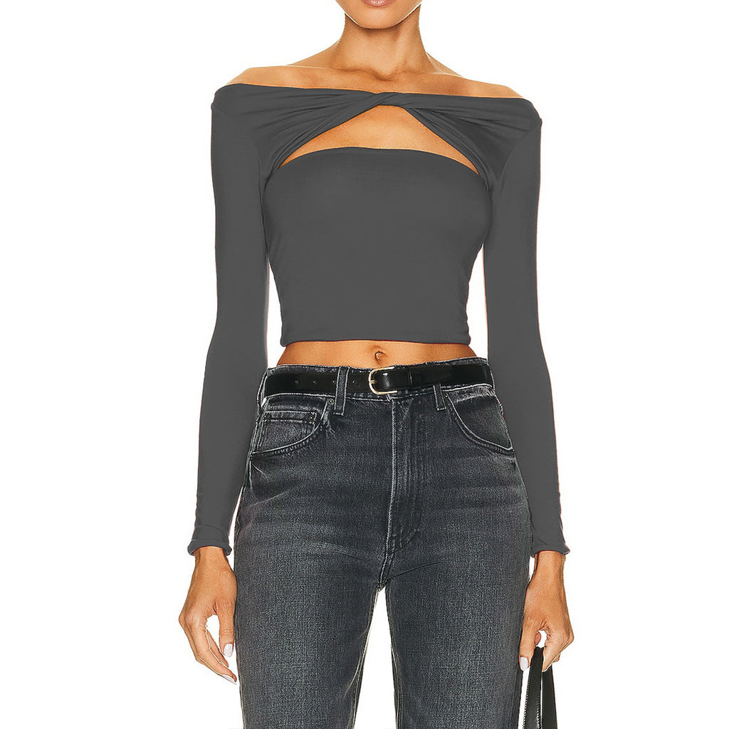 Off Shoulder Twist Cut Out Crop Top - grey