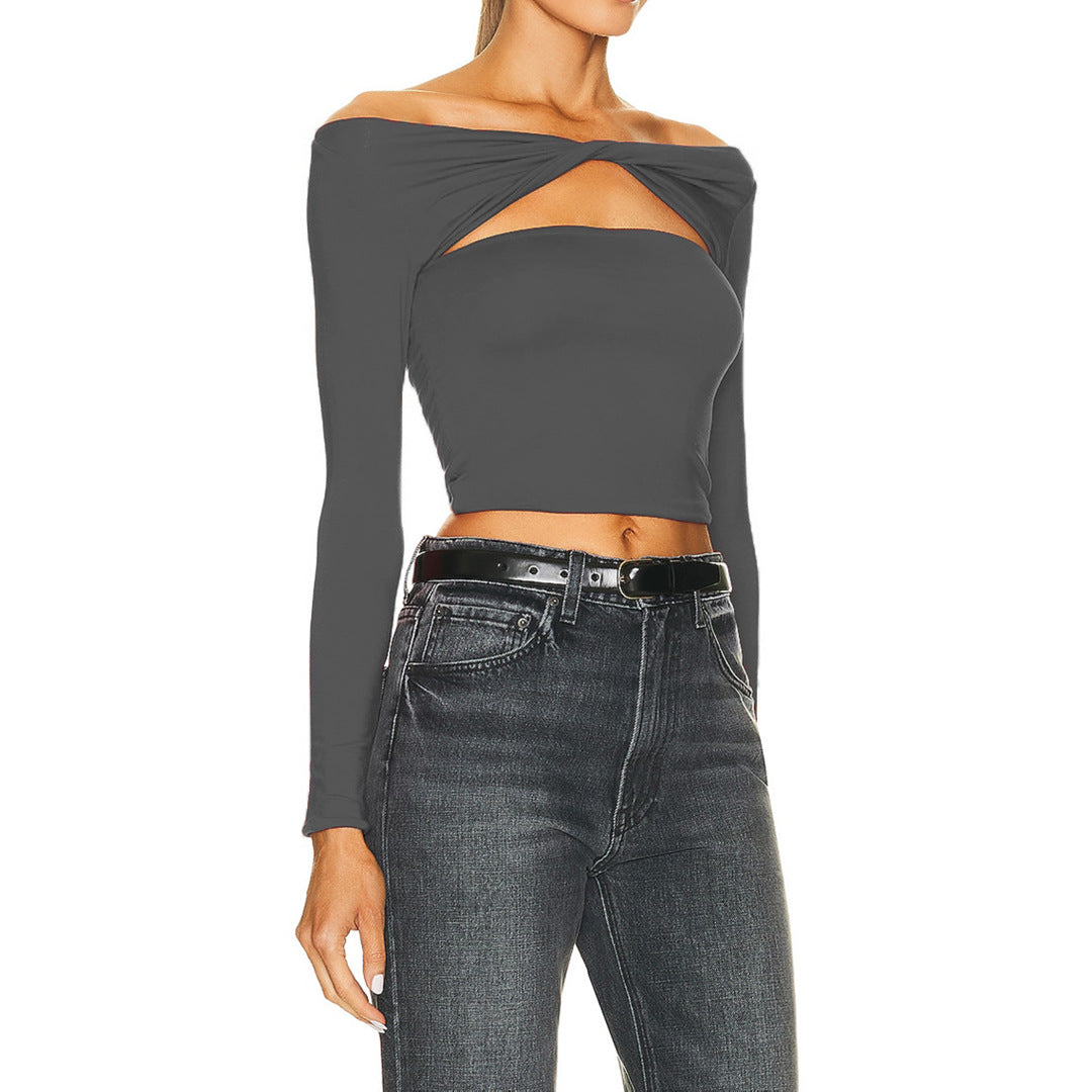 Off Shoulder Twist Cut Out Crop Top - grey - 1