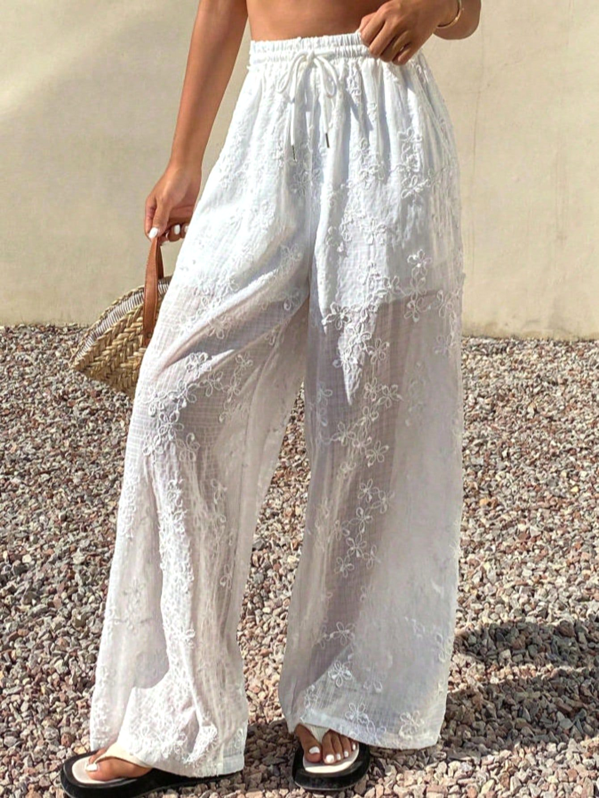 Floral Embroidered Sheer Wide Leg Beach Trousers - White
