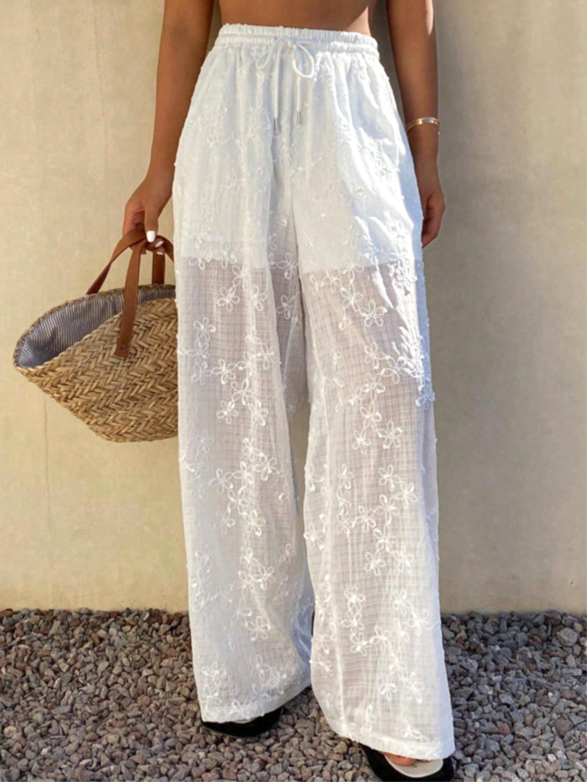 Floral Embroidered Sheer Wide Leg Beach Trousers - White - 1
