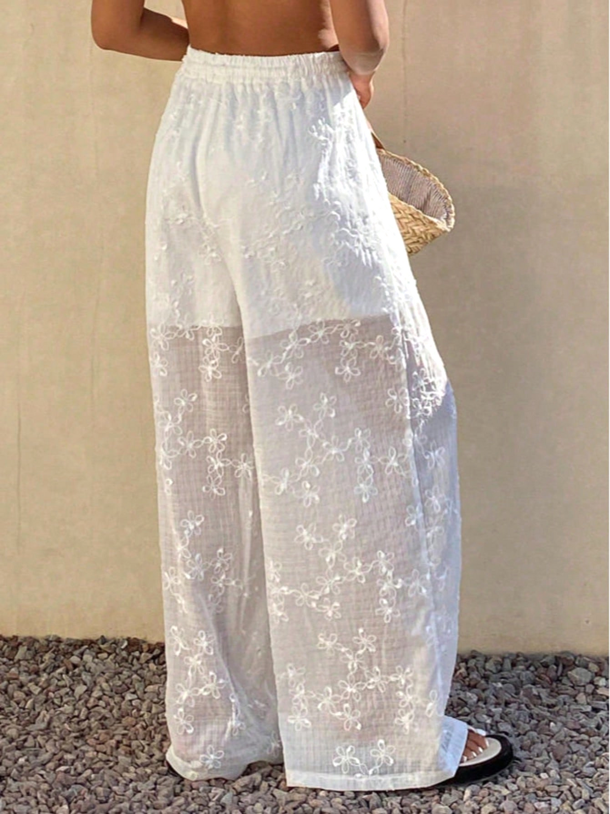 Floral Embroidered Sheer Wide Leg Beach Trousers - White - 2