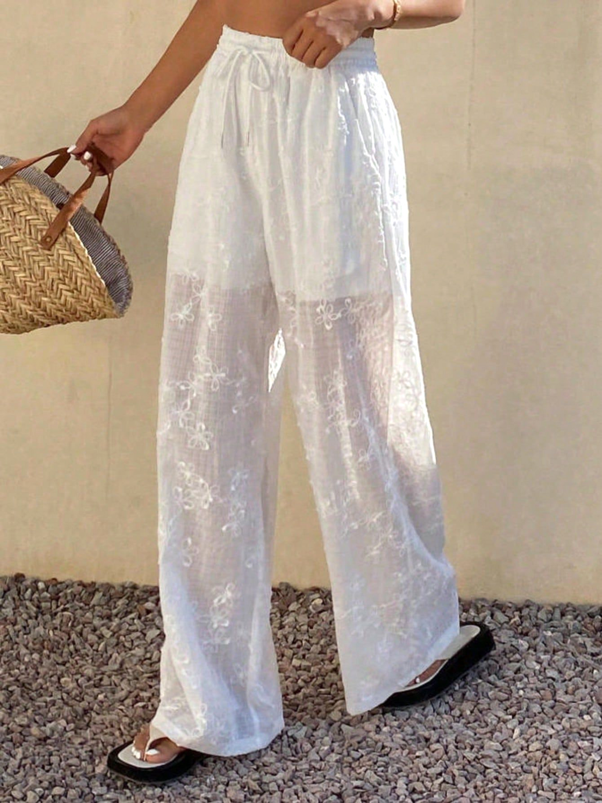 Floral Embroidered Sheer Wide Leg Beach Trousers - White - 3