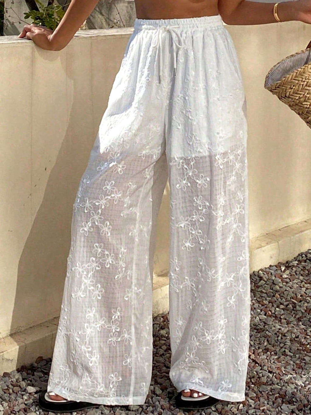Floral Embroidered Sheer Wide Leg Beach Trousers - White - 4