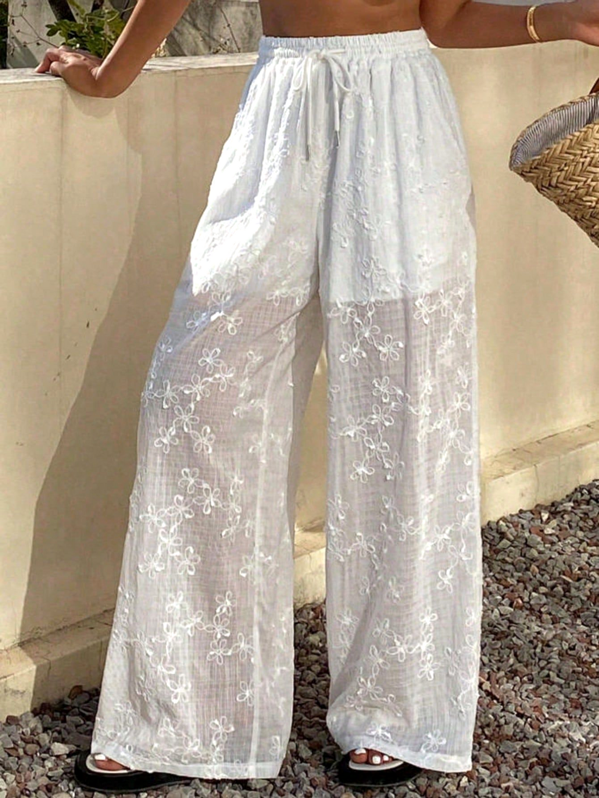 Floral Embroidered Sheer Wide Leg Beach Trousers - White - 4