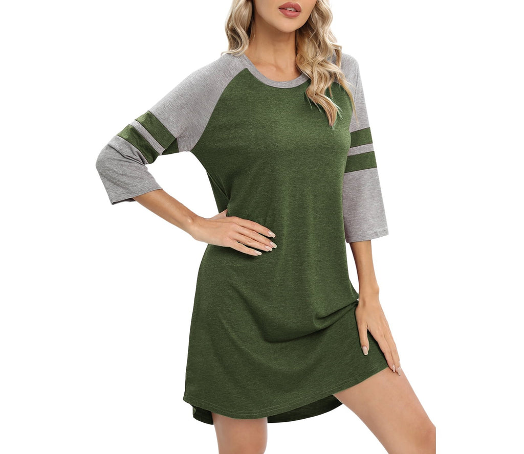 Colorblock Raglan Sleeve Sleep Shirt Dress - Green