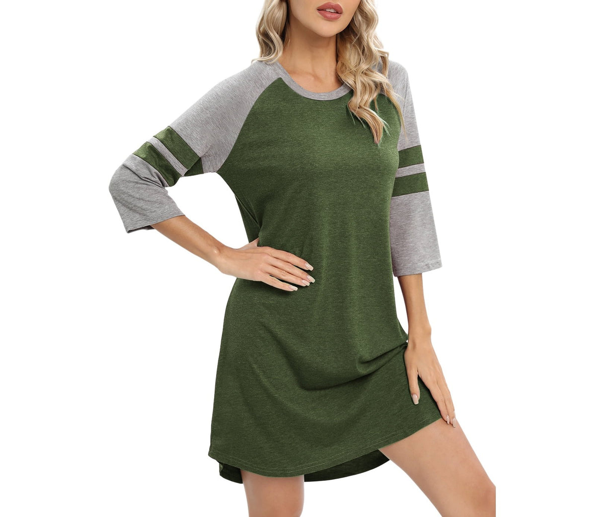 Colorblock Raglan Sleeve Sleep Shirt Dress - Green