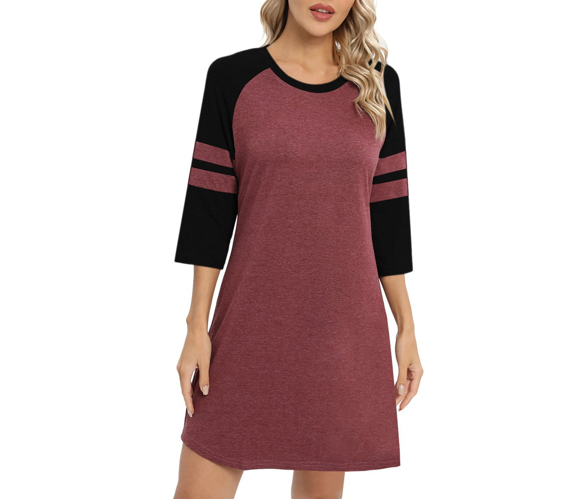 Colorblock Raglan Sleeve Sleep Shirt Dress - Red