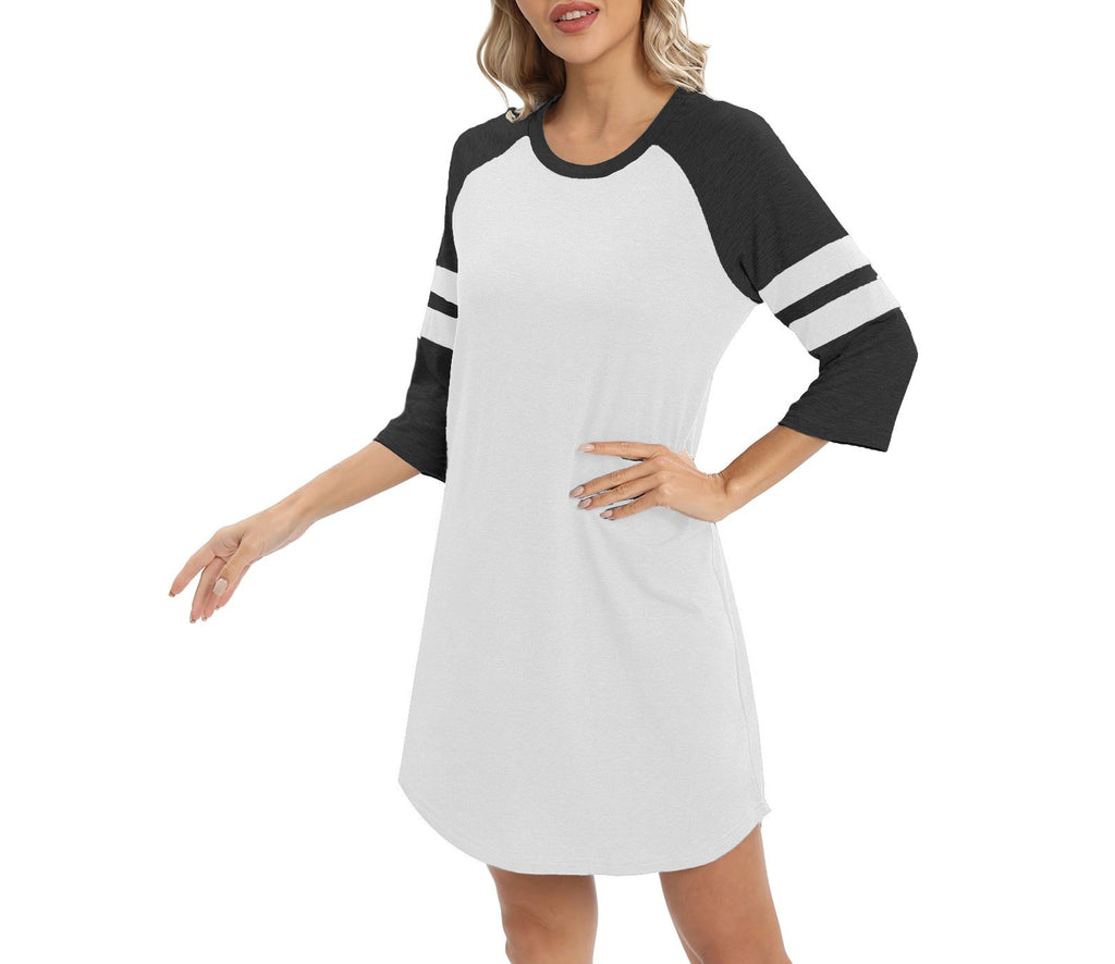 Colorblock Raglan Sleeve Sleep Shirt Dress - White