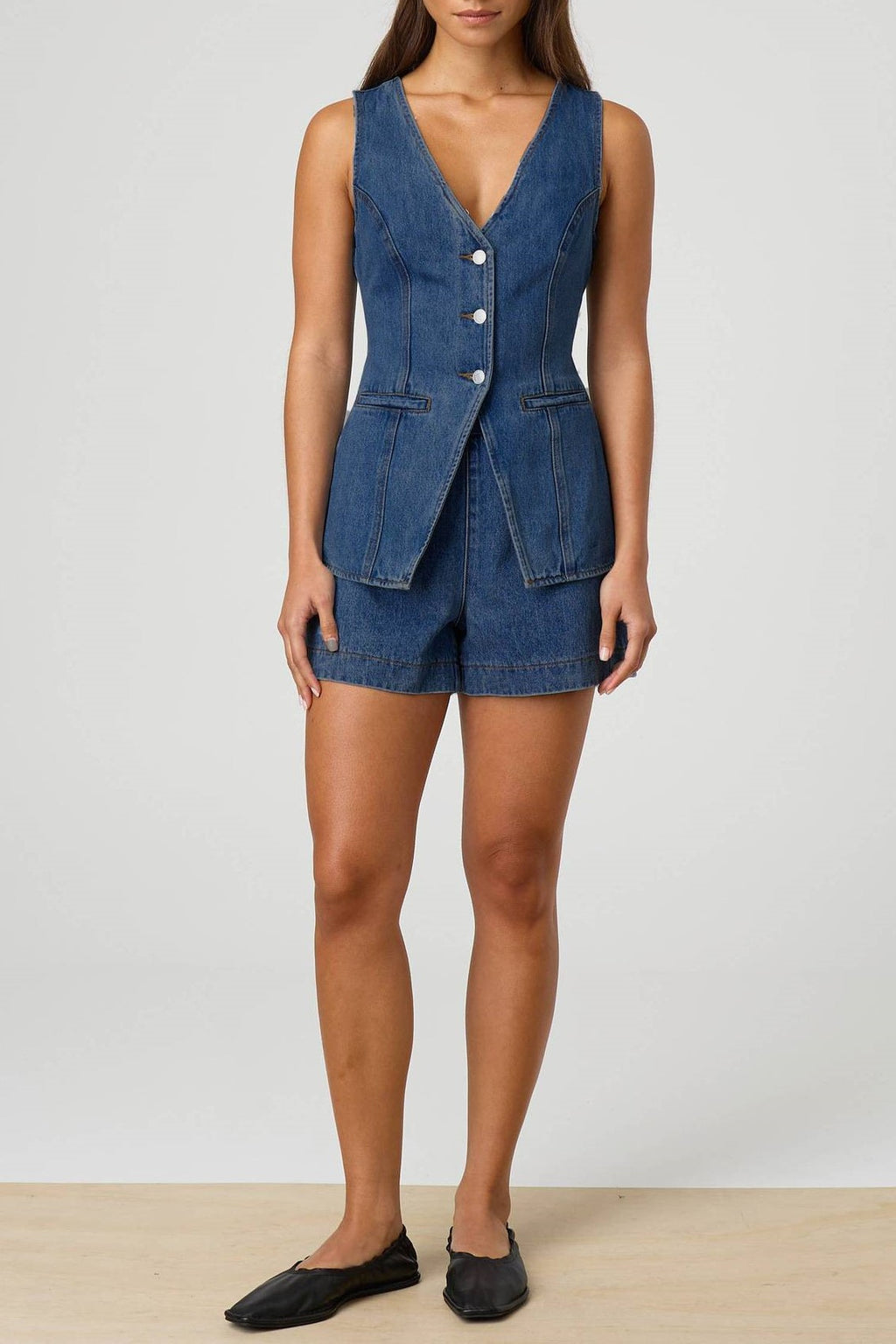 Denim Button Vest and Shorts Set