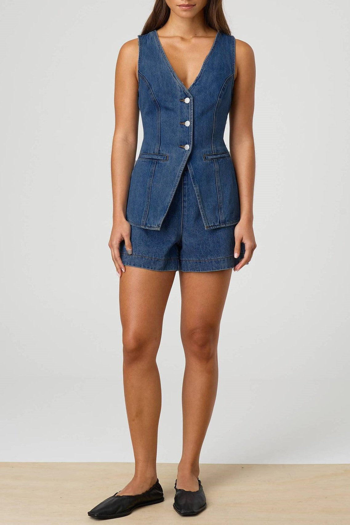 Denim Button Vest and Shorts Set