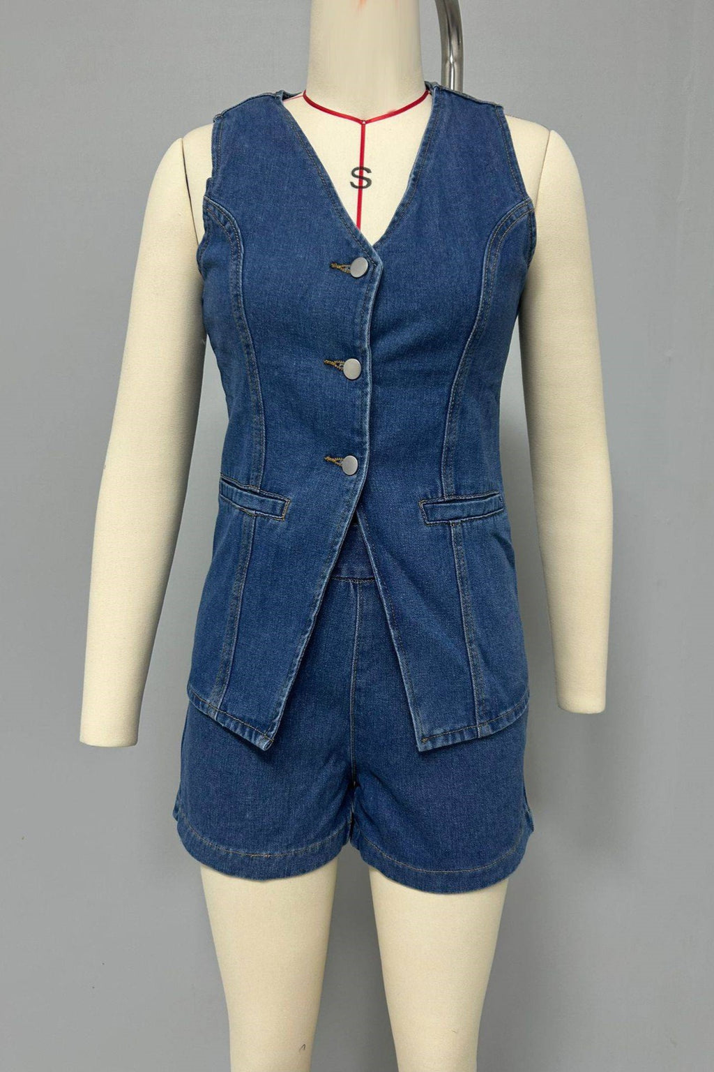 Denim Button Vest and Shorts Set - view 2