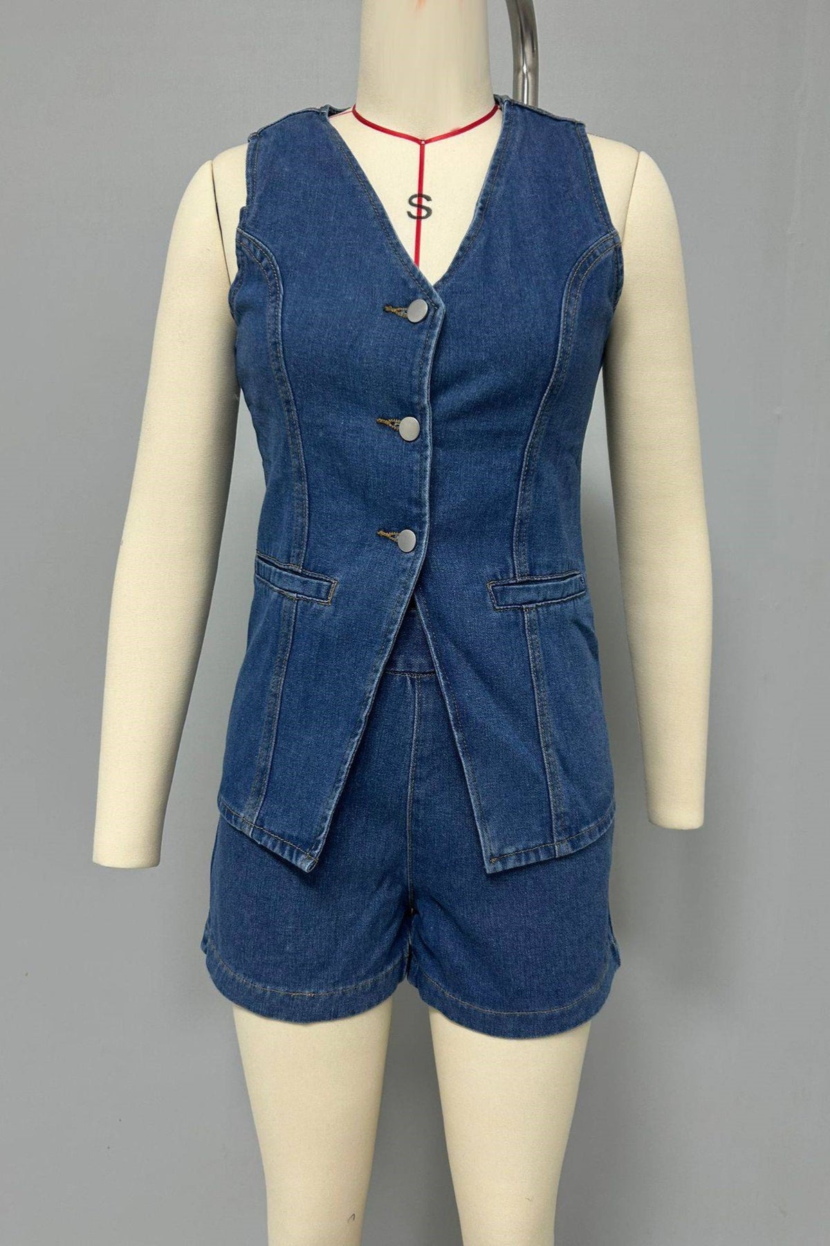 Denim Button Vest and Shorts Set - view 2