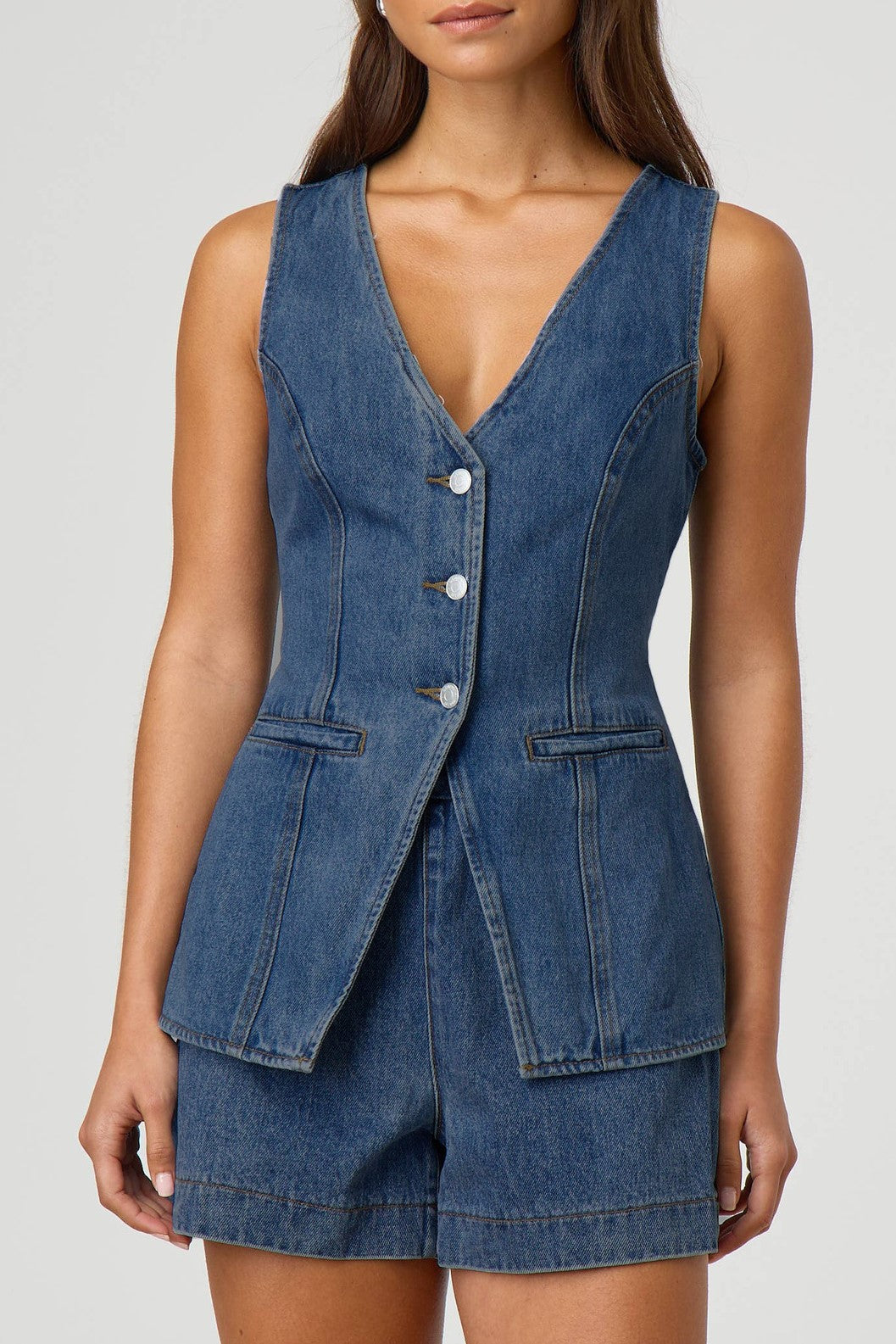 Denim Button Vest and Shorts Set - set