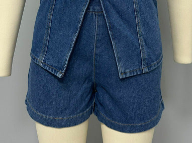 Denim Button Vest and Shorts Set - short