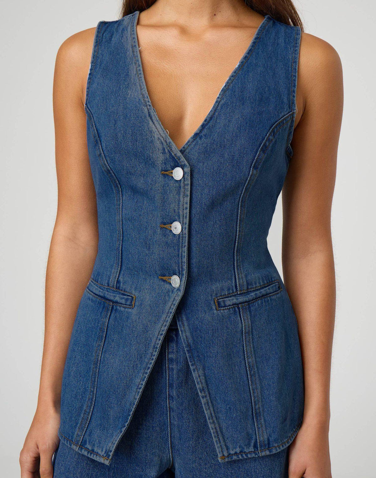 Denim Button Vest and Shorts Set - top