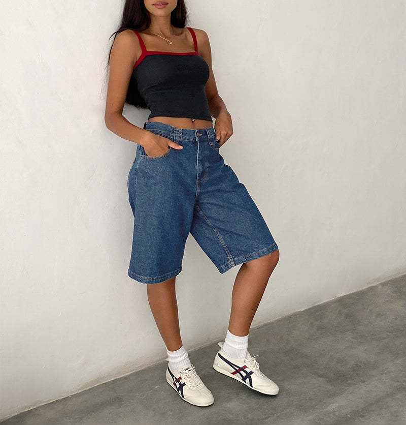 Baggy Washed Denim Knee Length Pants - DarkBlue