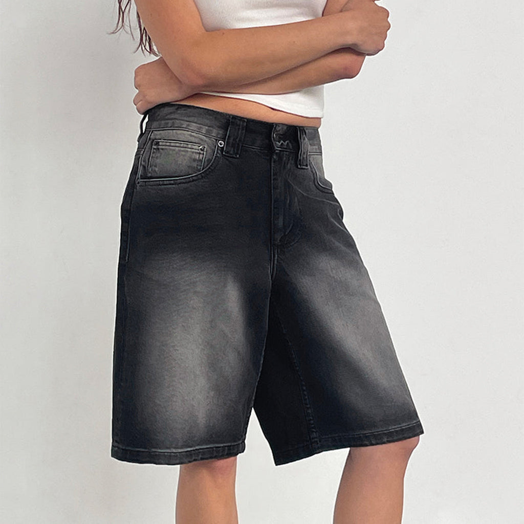Baggy Washed Denim Knee Length Pants - DarkGray