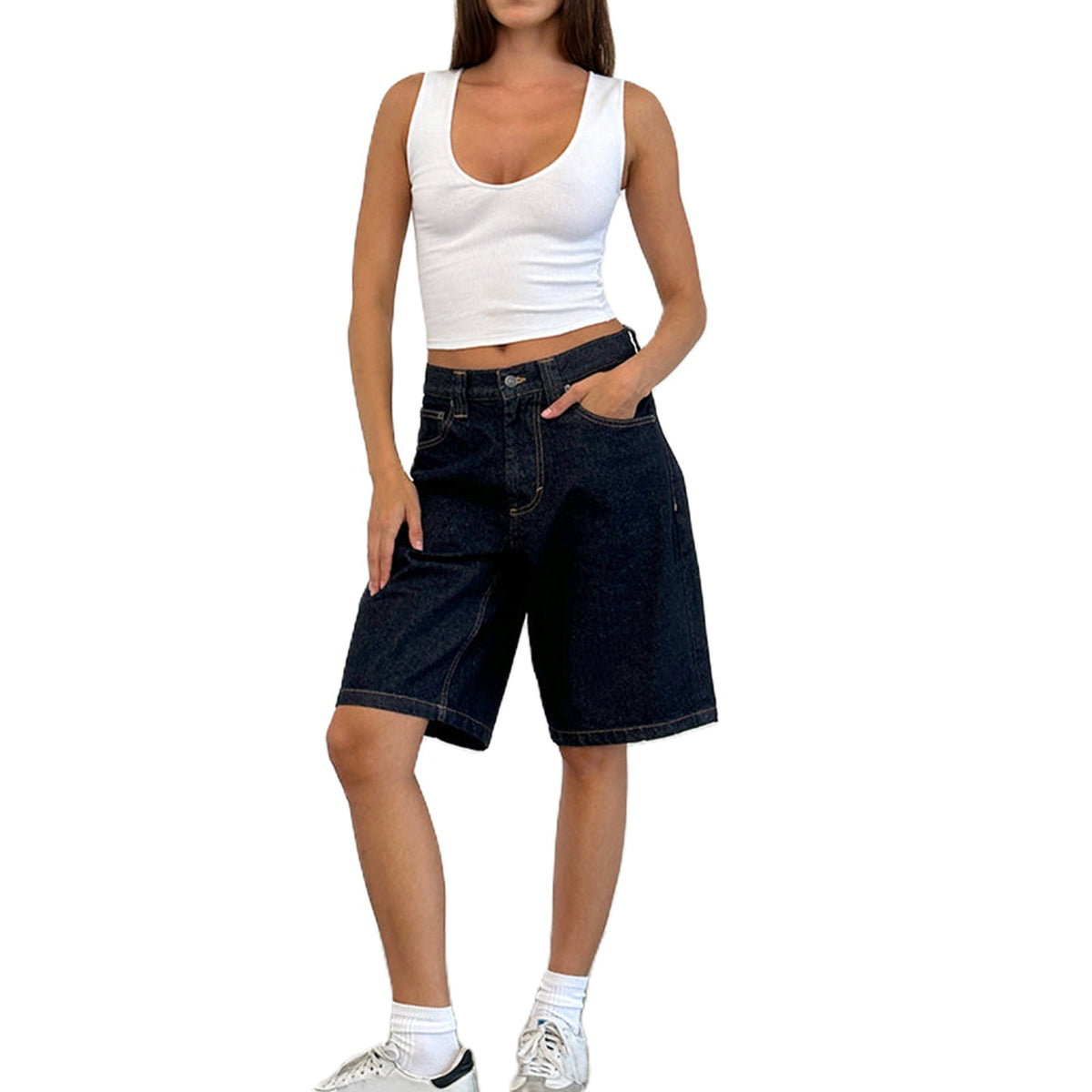 Baggy Washed Denim Knee Length Pants - IndigoBlue