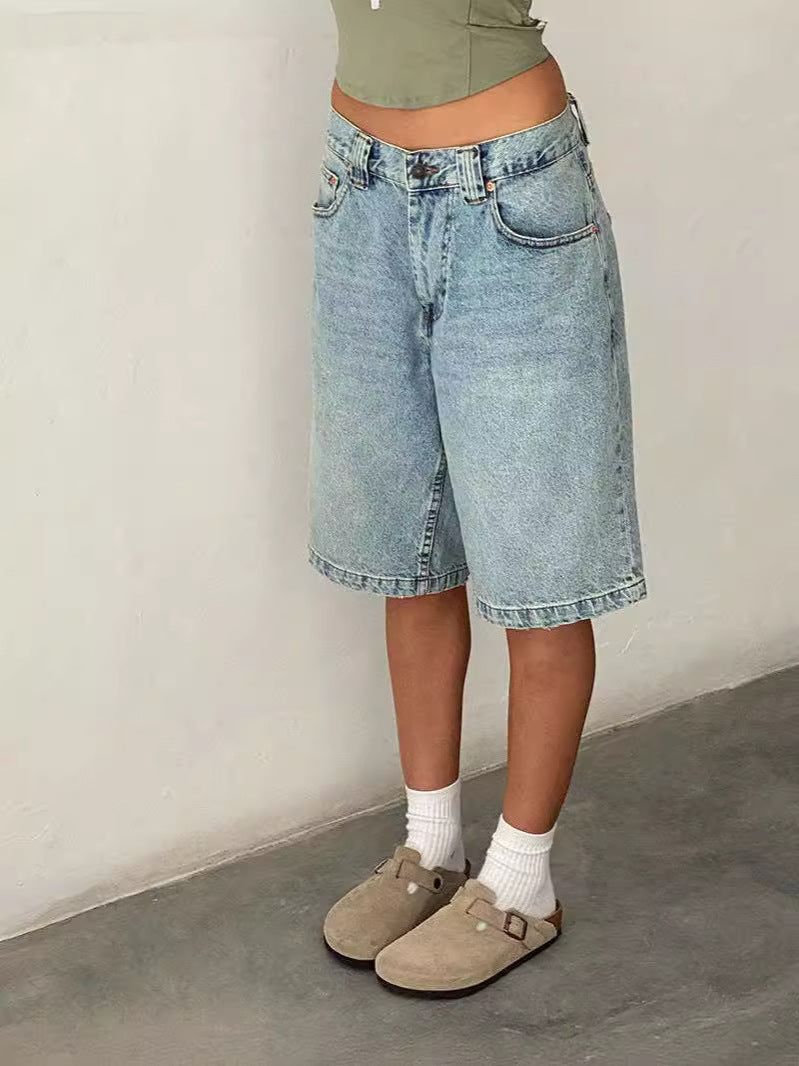 Baggy Washed Denim Knee Length Pants - LightBlue
