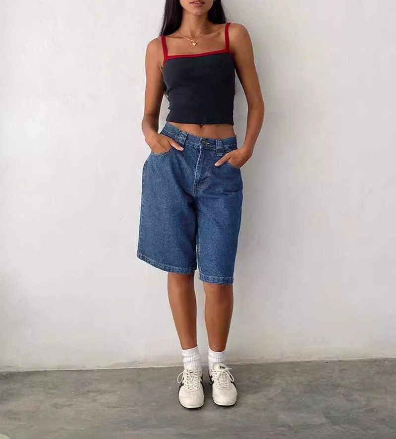 Baggy Washed Denim Knee Length Pants - view 2