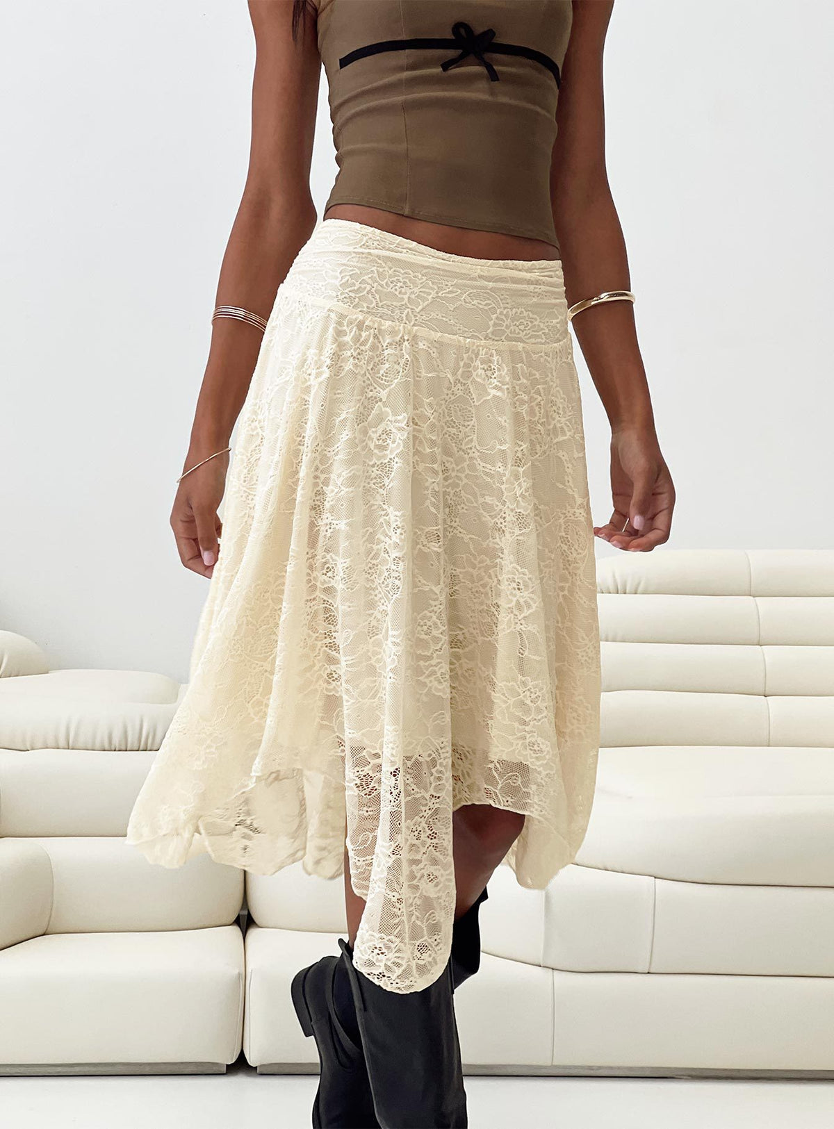 Lace Handkerchief Hem Boho Midi Skirt - beige - 2