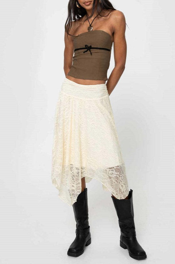 Lace Handkerchief Hem Boho Midi Skirt - beige - 5