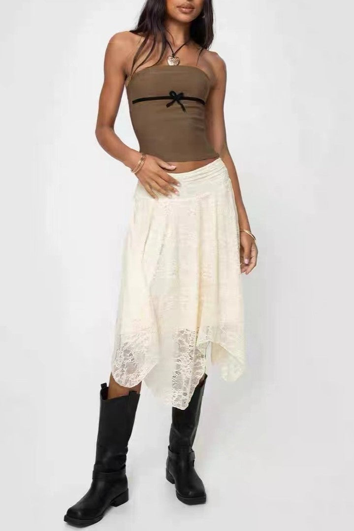 Lace Handkerchief Hem Boho Midi Skirt - beige - 6
