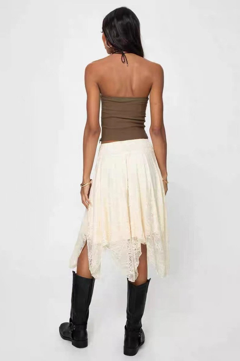 Lace Handkerchief Hem Boho Midi Skirt - beige - 7