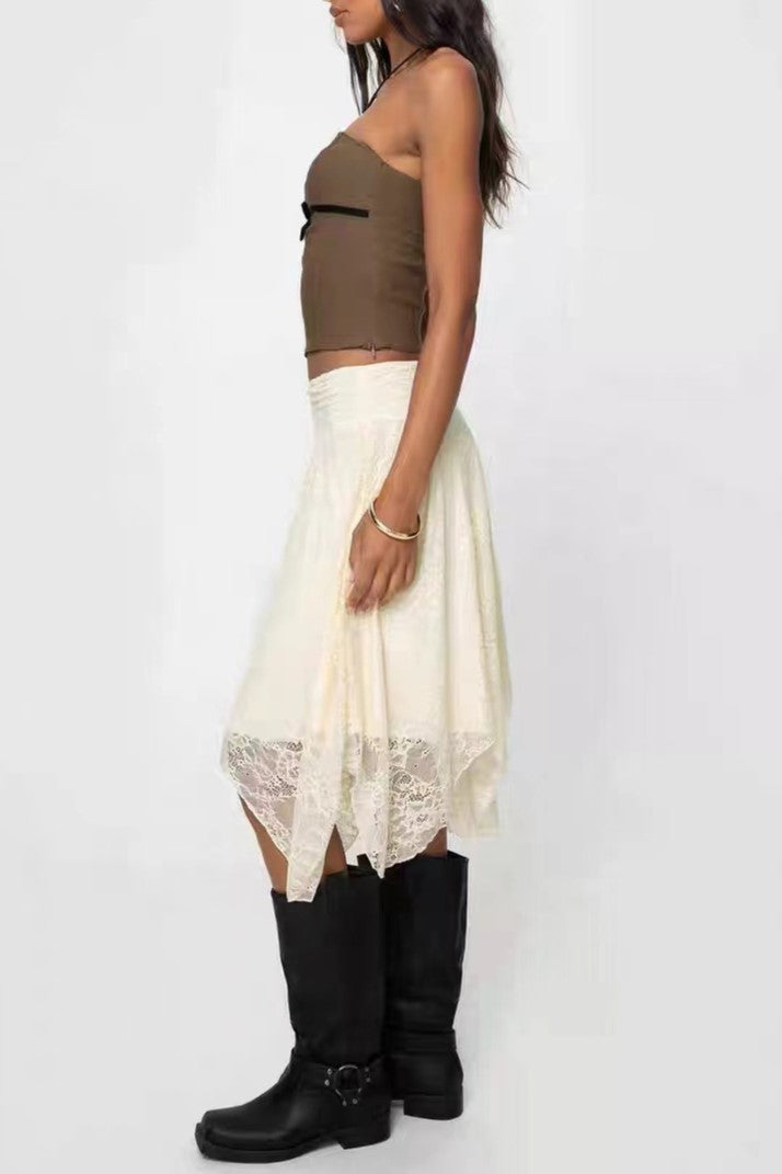 Lace Handkerchief Hem Boho Midi Skirt - beige - 9