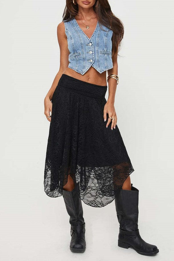 Lace Handkerchief Hem Boho Midi Skirt - black