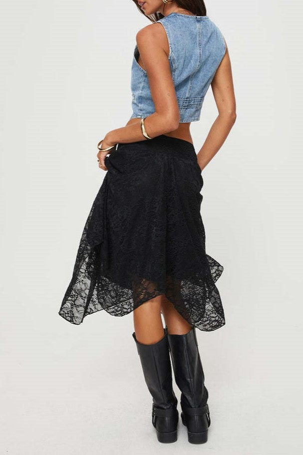 Lace Handkerchief Hem Boho Midi Skirt - black - 1
