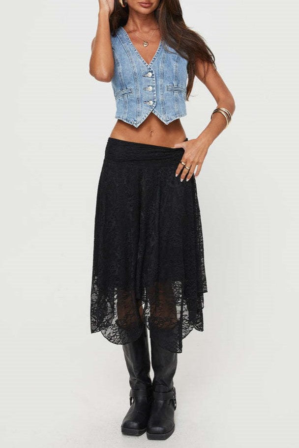 Lace Handkerchief Hem Boho Midi Skirt - black - 2