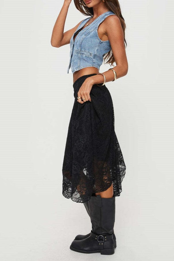 Lace Handkerchief Hem Boho Midi Skirt - black - 3