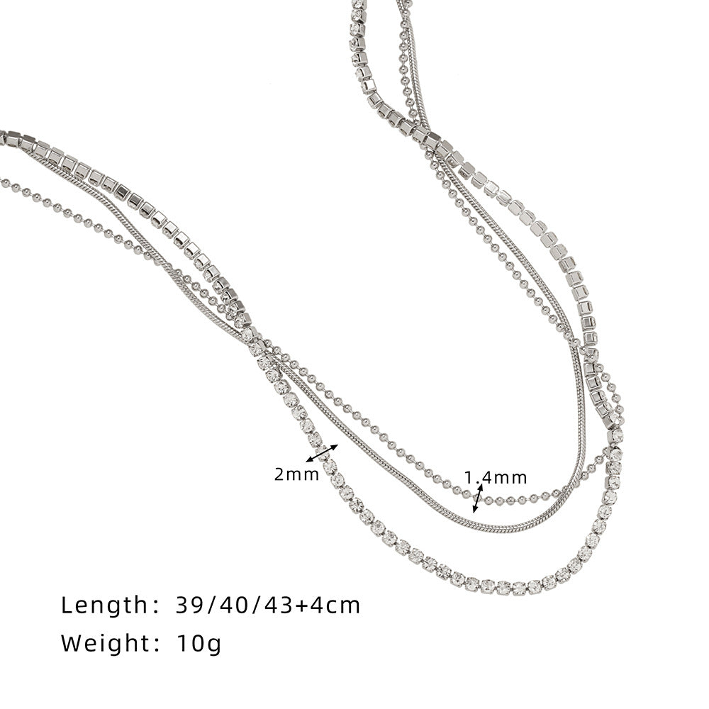 Layered Triple Chain Rhinestone Necklace - Silvery