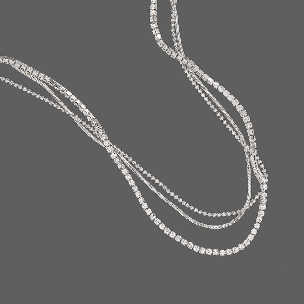 Layered Triple Chain Rhinestone Necklace - Silvery - 2